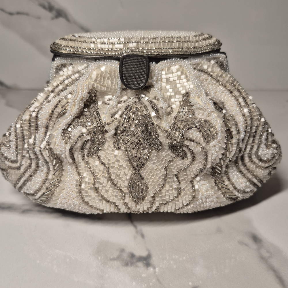 Beaded Clutch  White and Silver